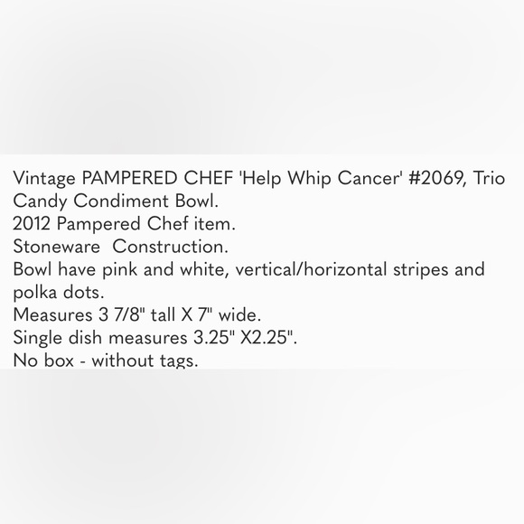 Vintage PAMPERED CHEF 'Help Whip Cancer' Trio Candy Condiment Bowl #2069. - Picture 7 of 7